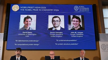 Le prix Nobel de chimie est attribué à David Baker, Demis Hassabis et John Jumper, à Stockholm (Suède), le 9 octobre 2024. (JONATHAN NACKSTRAND / AFP)