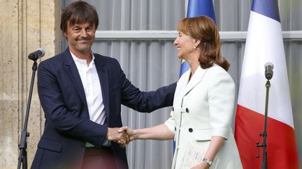 Nicolas Hulot lors de sa passation avec Ségolène Royal au Ministère de l'Ecologie, le 17 mai 2017.&nbsp; (GEOFFROY VAN DER HASSELT / AFP)