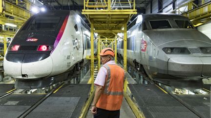 Un employé de la SNCF dans un centre de maintenance des rames de TGV, le 31 juillet 2018 à Châtillon (Hauts-de-Seine). (GEOFFROY VAN DER HASSELT / AFP)