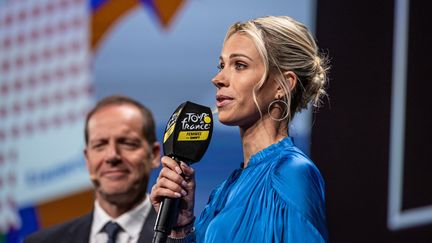 Marion Rousse, la directrice du Tour de France femmes, lors de la présentation du parcours de l'édition 2024, le 25 octobre 2023, à Paris. (MAXPPP)