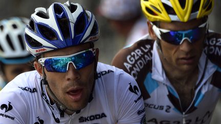 Les cyclistes fran&ccedil;ais Thibaut Pinot et Jean-Christophe P&eacute;raud durant la 17e &eacute;tape du Tour de France entre Saint-Gaudens (Haute-Garonne) et le Pla d'Adet (Hautes-Pyr&eacute;n&eacute;es), le 23 juillet 2014. (LIONEL BONAVENTURE / AFP)