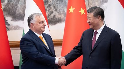 Le Premier ministre hongrois Viktor Orban rencontre le dirigeant chinois Xi Jinping, à Pékin, le 8 juillet 2024. (HANDOUT / X ACCOUNT OF HUNGARY'S PRIME MINSTER / AFP)