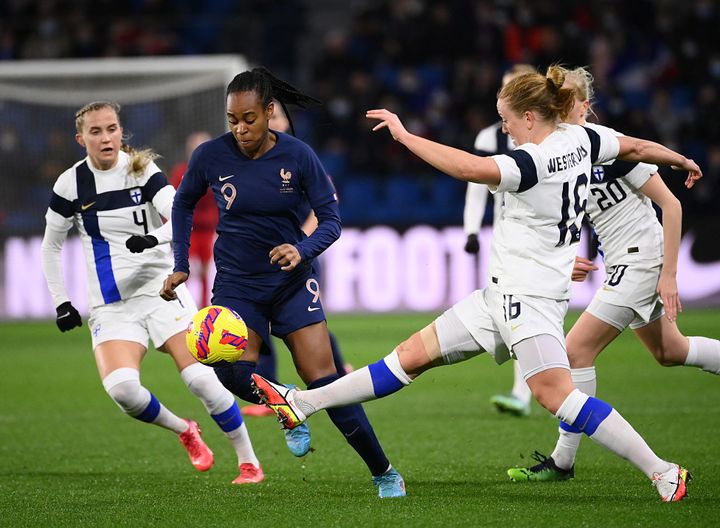 France team striker Marie-Antoinette Katoto, against Finland in the opening match of the Tournoi de France, February 16, 2022. (FRANCK FIFE / AFP)