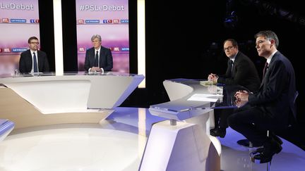 Les quatre candidats à la tête du Parti socialiste, le 7 mars 2018, lors du débat. (GEOFFROY VAN DER HASSELT / AFP)