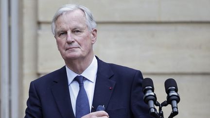 Michel Barnier attends the handover ceremony at the Matignon hotel in Paris, September 5, 2024. (STEPHANE DE SAKUTIN / POOL)