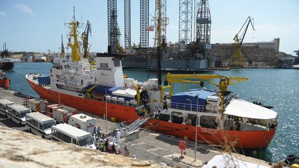 Le bateau "Aquarius" dans le port de Malte, le 15 août 2018. (MATTHEW MIRABELLI / AFP)