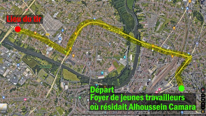 Le trajet supposé du jeune conducteur (en jaune) depuis le foyer de jeunes travailleurs (vert), jusqu’à l’endroit du tir (rouge), moins de 10 min de trajet. (GOOGLE MAPS)