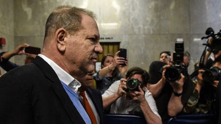 Harvey Weinstein arrive dans la salle pour son audience au tribunal de New-York, après avoir été inculpé vendredi matin pour viol et agression sexuelle.
 (STEPHANIE KEITH / GETTY IMAGES NORTH AMERICA / AFP)