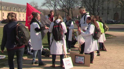 Les médecins libéraux expriment leur mécontentement, mardi 14 février. Au départ de la manifestation, place Vauban à Paris, on retrouve Jihane Benzina. (France 3)