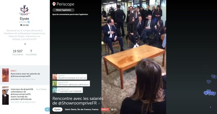 Capture d'écran des commentaires sur Periscope lors de la visite&nbsp;de François Hollande à l'entreprise Showroom privé en Seine-Saint-Denis, le 1er mars 2016.&nbsp; (Periscope)