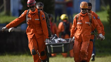 Des secouristes transportent le corps d'une victime après l'effondrement d'un barrage minier près de&nbsp;Brumadinho, dans le sud-est du Brésil, le 26 janvier 2019. (DOUGLAS MAGNO / AFP)