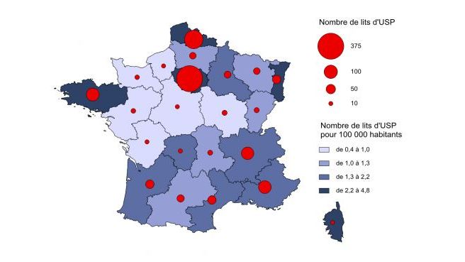 Nombre de lits en unit&eacute;s de soins palliatifs (USP) par r&eacute;gions en 2011. (COMITÉ NATIONAL DE SUIVI DU DÉVELOPPEMENT DES SOINS PALLIATIFS / MINISTÈRE DE LA SANTÉ)