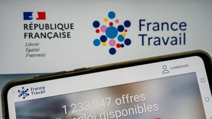 Le site et le logo de France Travail (ex-Pôle emploi), le 24 avril 2024. (JEAN-MARC BARRERE / HANS LUCAS / AFP)