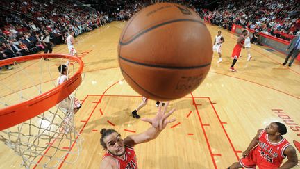 Le joueur des Chicago Bulls Joakim Noah s'appr&ecirc;te &agrave; prendre un rebond, apr&egrave;s un tir manqu&eacute; par les Houston Rockets, le 18 d&eacute;cembre 2013, &agrave; Houston (Texas).&nbsp; (BILL BAPTIST / NBAE / AFP)