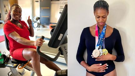 La championne olympique de judo Clarisse Agbégnénou (à g.) attend son premier enfant pour cet été. La basketteuse Valériane Ayayi&nbsp;Vukosavljević a remporté sa&nbsp;médaillée de bronze aux JO de Tokyo enceinte de 3 mois et demi.&nbsp; (INSTAGRAM / COMPTES DE CLARISSE AGBEGNENOU ET VALERIANE AYAY)