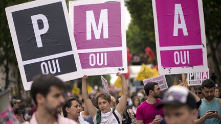 Des manifestants en faveur de la procr&eacute;ation m&eacute;dicalement assist&eacute;e (PMA), lors de la Marche des fiert&eacute;s &agrave; Paris, le 29 juin 2013. (LIONEL BONAVENTURE / AFP)