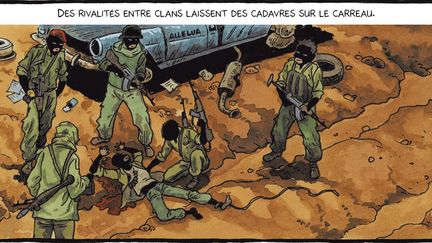 Entre mars 2013 et janvier 2014, lorsque la Séléka tient le pouvoir, l'armée est dissoute et ses anciennes recrues vont grossir les rangs des anti-balaka, milices d'auto-défense, en majorité chrétiennes, responsables de plusieurs massacres de civils musulmans. (Didier Kassaï / La Boîte à Bulles)