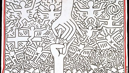 Le Mariage du Ciel et de l'Enfer... Cette bâche monumentale, de 7 mètres sur 11, plus grande œuvre de Keith Haring, a été commandée par Roland Petit pour une chorégraphie du Ballet national de Marseille inspiré de l’œuvre éponyme de William Blake. Il l’a réalisée au sol en quelques heures. Le ciel et l’enfer est un thème fréquent chez l’artiste.
 (Keith Haring Foundation NY COLLECTION)