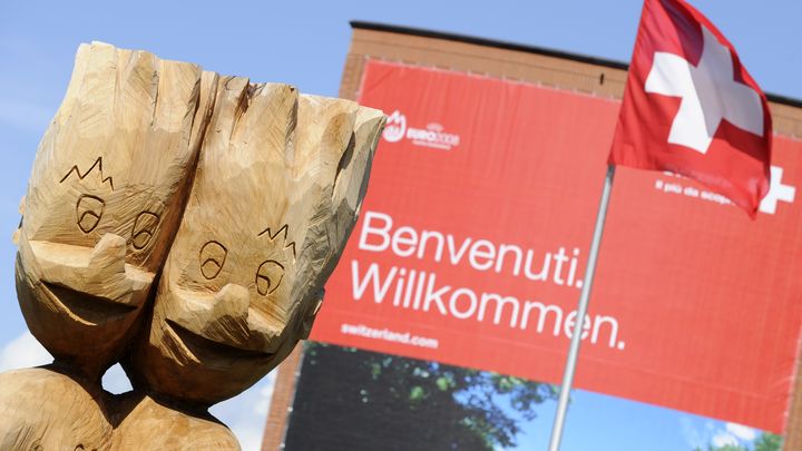 Les effigies en bois de Trix et Flix, mascottes de l'Euro 2008, devant la fronti&egrave;re suisse pr&egrave;s de Locarno, le 3 juin 2008. (PETER KNEFFEL / DPA)