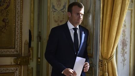 Le président de la République Emmanuel Macron reçoit à l'Elysée, dans l'après-midi du vendredi 6 juillet 2018, les présidents de six grands fonds souverains qui vont s'engager pour le climat. (JULIEN DE ROSA / POOL)