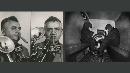 Weegee, "Autoportrait avec un appareil Speed Graphic", 1950 - À droite, "Charles Sodokoff et Arthur Webber se cachent le visage avec leurs chapeaux hauts-de-forme", 1942. (INTERNATIONAL CENTER OF PHOTOGRAPHY / COLLECTION FRIEDSAM / INTERNATIONAL CENTER OF PHOTOGRAPHY / LOUIS STETTNER ARCHIVES, PARIS)