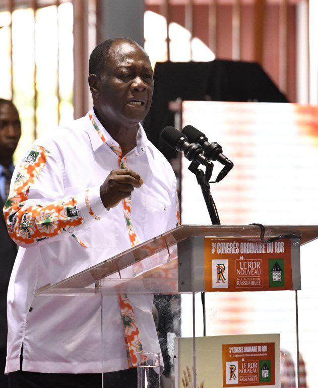 Le président Alassane Ouattara au congrès de son parti à Abidjan le 10 septembre 2017. (ISSOUF SANOGO / AFP)