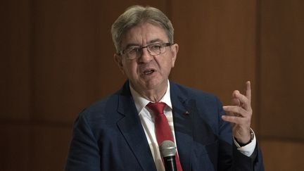 Jean-Luc Melenchon, lors d'une conférence de presse après&nbsp;une rencontre avec le président mexicain Andres Manuel Lopez Obrador, au National Palace, à Mexico, le 14 juillet 2022. (PEDRO PARDO / AFP)