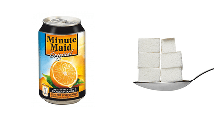 Une canette de 33 cl de Minute Maid &agrave; l'orange contient 29 g de sucre, soit 5,8 morceaux. ( DR )