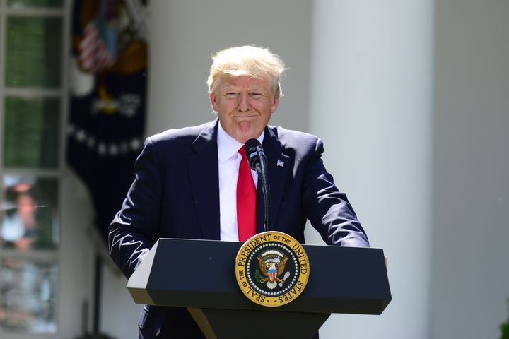 Le président américain Donald Trump, le 1er juin 2017, dans les jardins de la Maison Blanche, à Washington (Etats-Uni), lors de l'annonce du retrait américain de l'accord de Paris sur le climat. (RON SACHS / CNP / AFP)