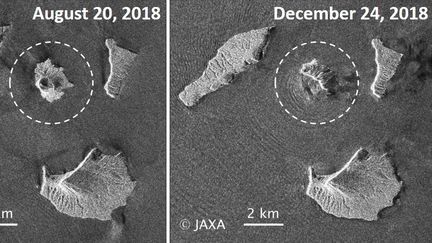 Des images satellites de l'Agence spatiale japonaise, prises avant et après l'éruption du volcan Anak Krakatoa, et rendues publiques le 27 décembre 2018. Ces images&nbsp;montrent&nbsp;que deux km2 de l'île&nbsp;où se situe le volcan&nbsp;se sont engloutis dans les flots.&nbsp; (MAXPPP)