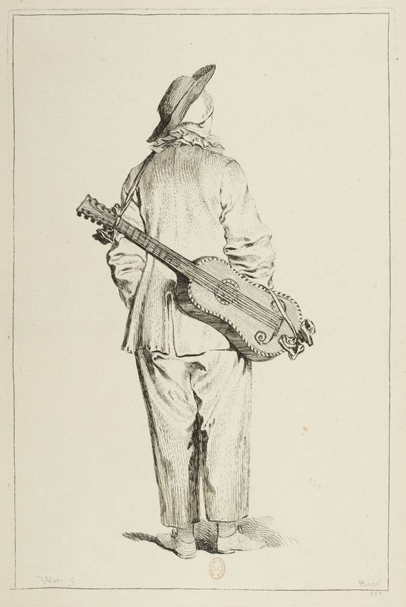 Fran&ccedil;ois Boucher (1703-1770), "Pierrot de dos, la guitare dans le dos", &nbsp;d&rsquo;apr&egrave;s Antoine Watteau. Figures de diff&eacute;rents caract&egrave;res. Eau-forte pure. Paris, Biblioth&egrave;que nationale de France. (BIBLIOTHÈQUE NATIONALE DE FRANCE)