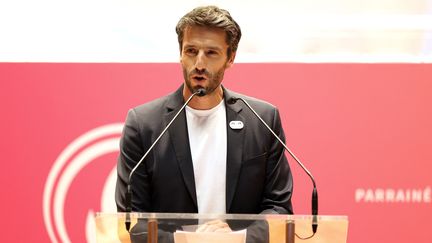 Tony Estanguet, le responsable des Jeux olympiques de Paris 2024, lors de la présentation du parcours de la flamme olympique à la Sorbonne, le 23 juin 2023. (FRANCK FIFE / AFP)