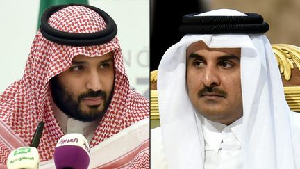 Le prince héritier d'Arabie saoudite, Mohamed ben Salmane, et l'émir du Qatar,&nbsp;cheikh Tamim ben Hamad Al-Thani, sur des photos prises en 2016 et 2015. (FAYEZ NURELDINE / AFP)