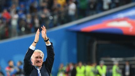 Didier Deschamps lors de la demi-finale de la Coupe du monde 2018 entre la France et la Belgique, le 10 juillet 2018 à Saint-Pétersbourg (Russie). (VLADIMIR ASTAPKOVICH / SPUTNIK)