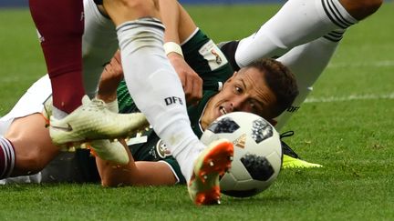 Le Méxicain&nbsp;Javier Hernandez face à l'Allemagne le 17 juin 2018 à Moscou (Russie). (YURI CORTEZ / AFP)