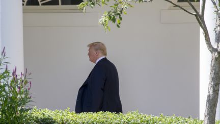 Le président américain, Donald Trump, dans l'enceinte de la Maison Blanche, le 18 juillet 2018 à Washington (Etats-Unis). (TASOS KATOPODIS / AFP)