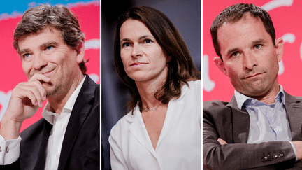 Les anciens ministres Arnaud Montebourg, Aur&eacute;lie Filippetti et Beno&icirc;t Hamon, &agrave; l'universit&eacute; d'&eacute;t&eacute; du PS, le 30 ao&ucirc;t 2014 &agrave; La Rochelle. (  MAXPPP)