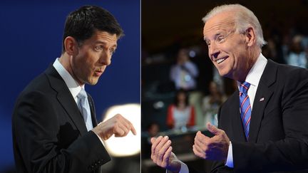 Le colistier de Mitt Romney, Paul Ryan (G) et le vice-pr&eacute;sident de Barack Obama,&nbsp;Joe Biden, s'affrontent jeudi 11 octobre en d&eacute;bat &agrave; Danville, Kentucky (Etats-Unis). (STAN HONDA / BRENDAN SMIALOWSKI / AFP )