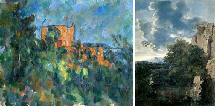 A gauche,&nbsp;Paul Cezanne "Château Noir", 1903-1904, Paris, Musée Picasso - A droite, Nicolas Poussin "Paysage avec Agar et l’ange", après 1660,Gallerie Nazionali d’Arte Antica (A gauche © RMN-Grand Palais (Musée national Picasso-Paris) / Mathieu Rabeau -  A droite © Gallerie Nazionali d’Arte Antica di Roma)