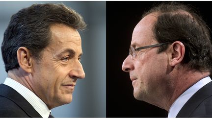 Nicolas Sarkozy a dix points de retard sur son concurrent PS au second tour de l'&eacute;lection pr&eacute;sidentielle, Fran&ccedil;ois Hollande, selon un sondage TNS Sofres-Sopra Group&nbsp;publi&eacute; le 26 avril 2012. (FRED DUFOUR / AFP)