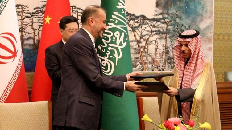 Iranian Foreign Minister Hossein Amir-Abdollahian alongside his Saudi counterpart Prince Faisal bin Farhan in Beijing on April 6, 2023. (IRANIAN MINISTRY OF FOREIGN AFFAIRS / VIA AFP)