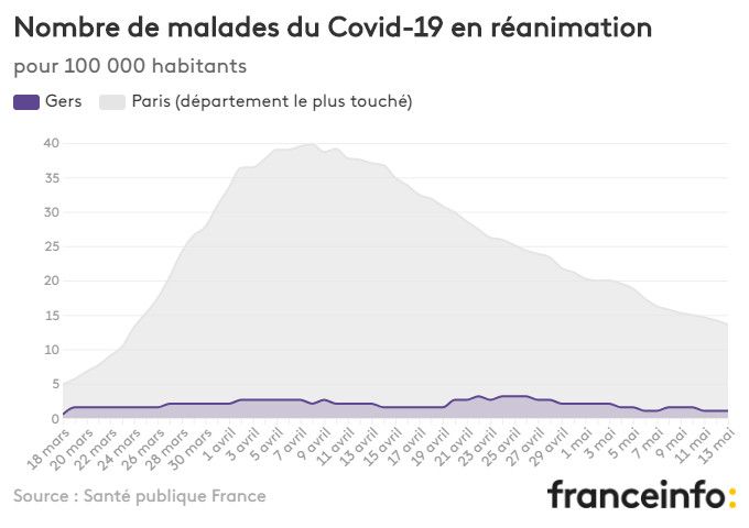 Nombre de malades du Covid-19 en réanimation pour 100 000 habitants. (FRANCEINFO)