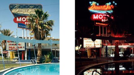 Fasciné par les enseignes au néon des motels et restaurants le long des routes américaines, le photographe néerlandais Toon Michiels (né en 1950) les a photographiée systématiquement de jour et de nuit, avec un cadrage frontal. Exposition à l'église des Trinitaires. Ici, "Motel Desert Isle, Las Vegas, Nevada, 1979. Avec l’aimable autorisation de Luïscius.
 (Rencontres Arles)