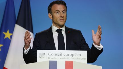 Emmanuel Macron speaks from the European Council in Brussels (Belgium), October 27, 2023. (LUDOVIC MARIN / AFP)