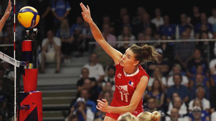 La Française Lucille Gicquel lors du match de poule de l'Euro 2023 face à la Finlande, à Talinn (Estonie). (TOMS KALNINS / MAXPPP)