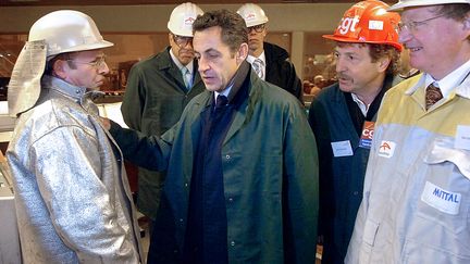Nicolas Sarkozy en visite sur le site d'ArcelorMittal &agrave; Gandrange (Moselle), le 4 f&eacute;vrier 2008.&nbsp; (SB/fa)