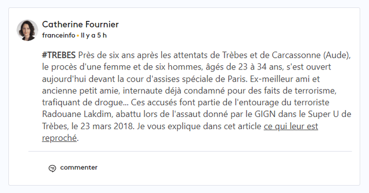 L'une de nos journalistes spécialisées police-justice, Catherine Fournier, partage dans le live son travail sur le procès des attentats de Trèbes et de Carcassonne. (franceinfo)