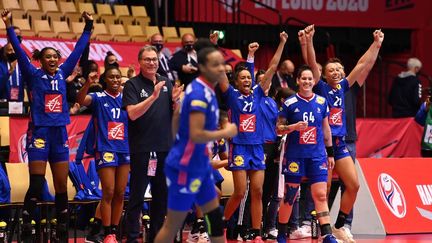 L'équipe de France féminine de handball lors de la demi-finale de l'Euro contre la Croatie, le 18 décembre 2020, à Herning (Danemark). (JONATHAN NACKSTRAND / AFP)