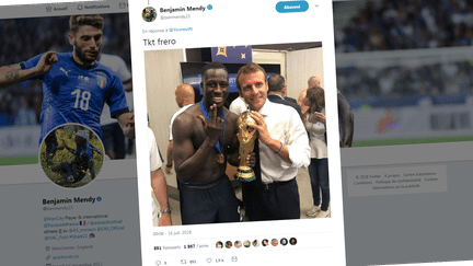 Benjamin Mendy effectue le signe de mains du rappeur Jul à côté du président Emmanuel Macron, dimanche 15 juillet 2018 après la victoire des Bleus à Moscou (Russie). (BENJAMIN MENDY / TWITTER)