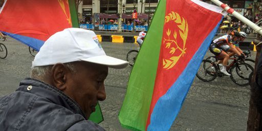 Les supporters érythréens brandissent des drapeaux quand le peloton passe à l'arrivée du Tour de France sur les Champs-Elysées à Paris le 26 juillet 2015 (FTV - Laurent Ribadeau Dumas)